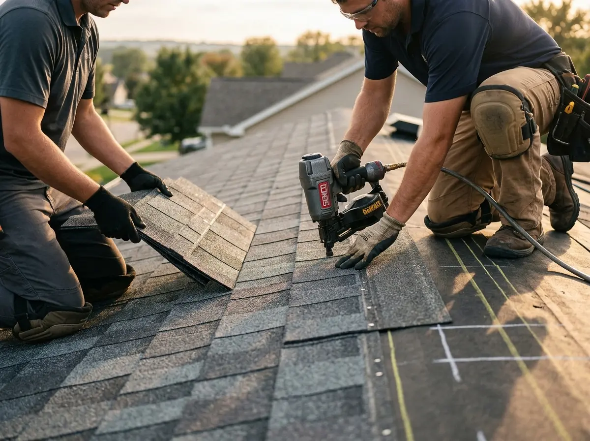 Professional roofer working on a residential roof in Tisbury
